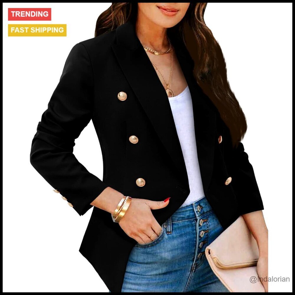 Casual Blazer Jacket Long Sleeve Gold Button Open Front Work Office Style